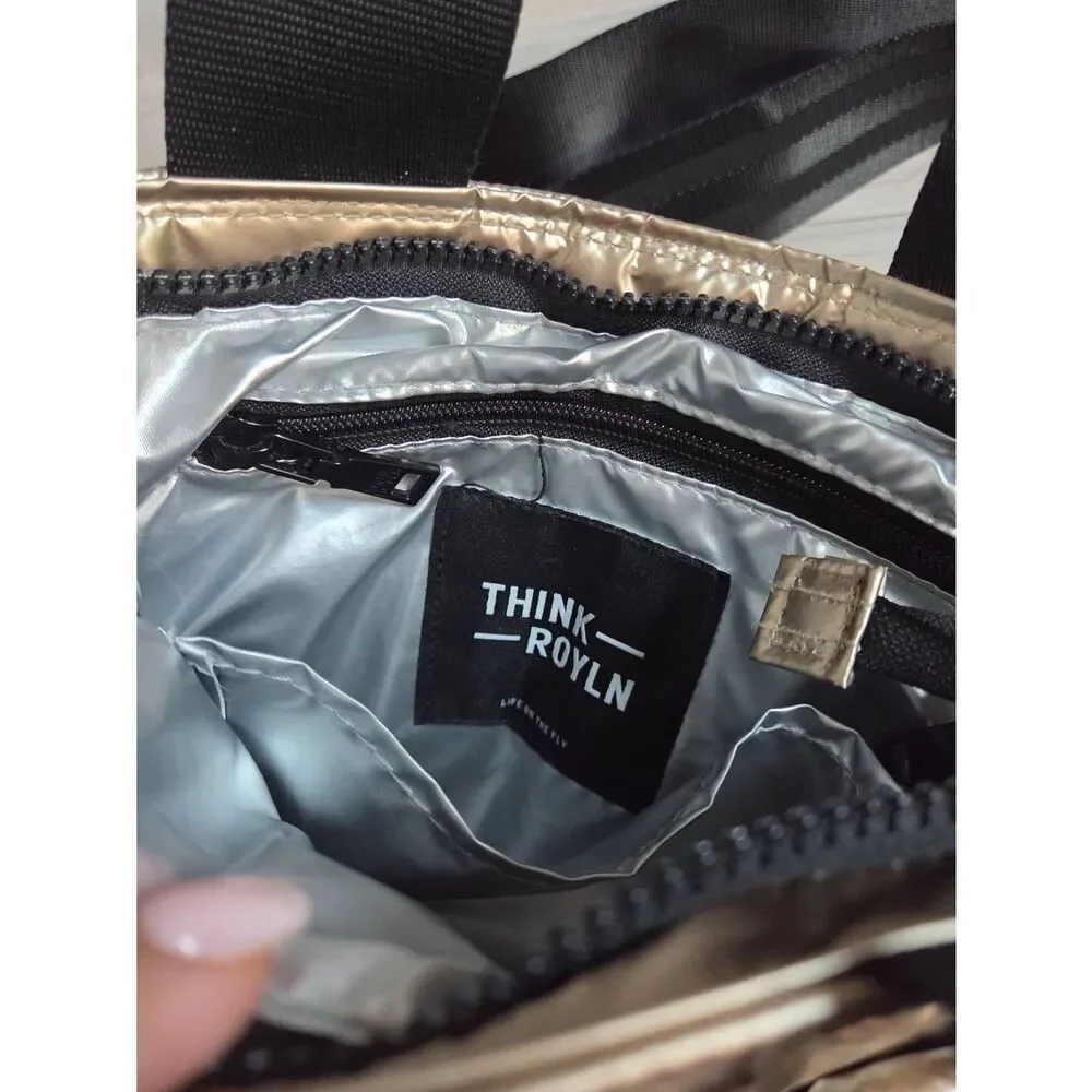 Think Royln Metallic Gold Quilted Puffer Crossbody Bag Mini Tote Handbag